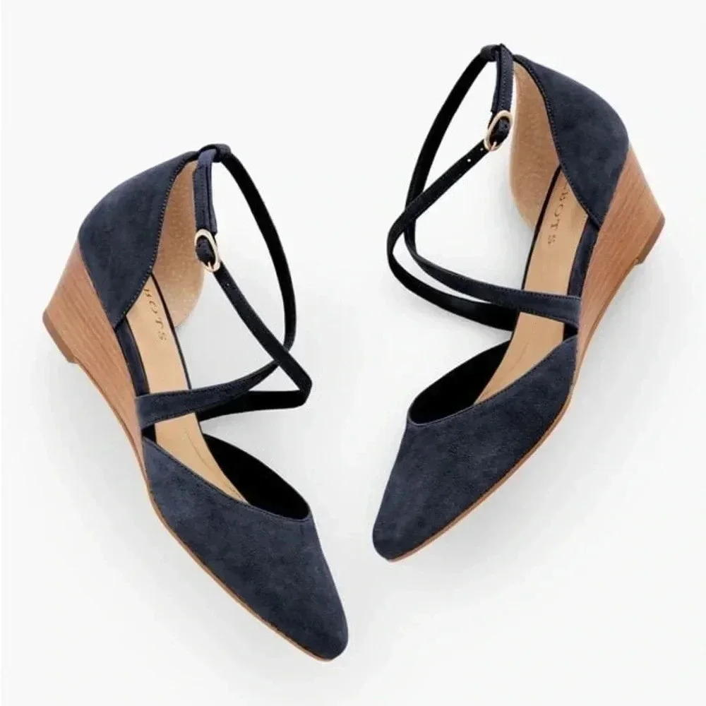 Talbots Wedges Size 7 Navy Laney Crisscross Suede Preppy Career City Timeless